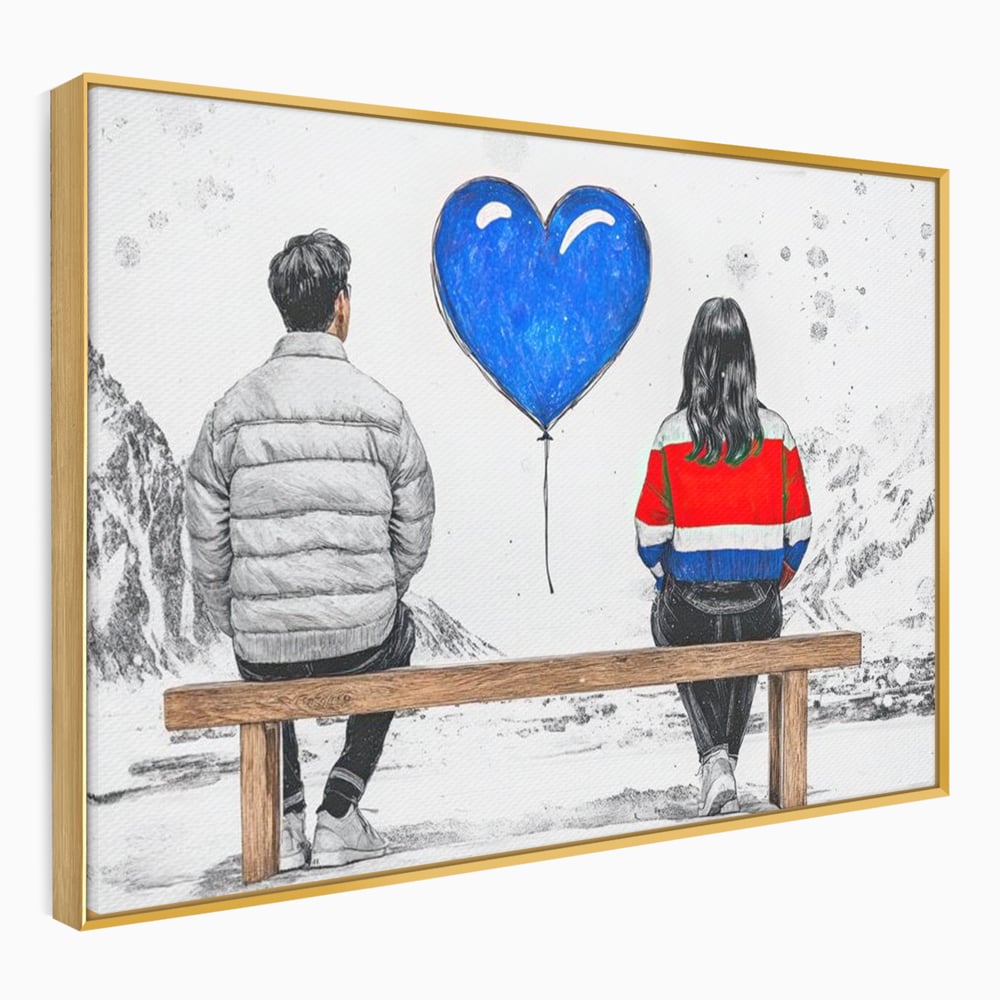 Tablou canvas cu ilustratie cu doi tineri pe banca, in rama de aluminiu auriu